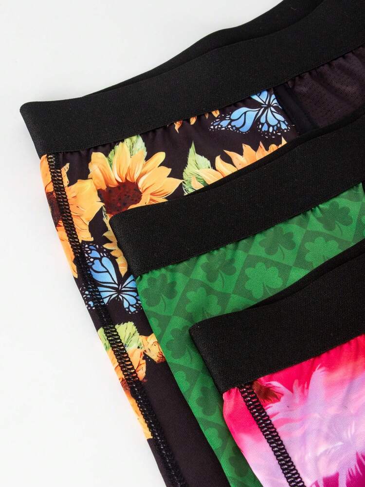 Men's Coconut Tree, Clover, Sunflower Print Boxer Briefs, 3pcs/Set