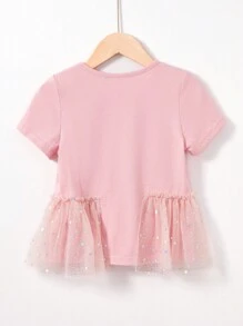 SHEIN Young Girl's Round Neck Short Sleeve T-Shirt With Animal Pattern & Mesh Fabric Hem