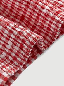 SHEIN MOD Top corto rojo y blanco a cuadros con cuello halter, espalda abierta y hebilla de una sola , perfecto para picnic - Rojo y blanco - Ver 3