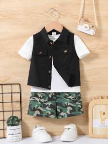 SHEIN Baby Boy's Casual Outdoor Solid Color Vest, Short Sleeve T-Shirt, Camouflage Shorts Set - Multicolor - View 9