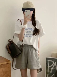 DAZY 女士宽松圆领短袖T恤字母刺绣夏季超大码T恤 - 白色 - 查看 3
