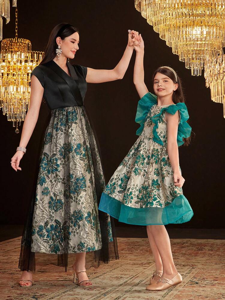 Tween Girls' Cute Fit-And-Flare Dress With Organza Patchwork, Jacquard Fabric And Ruffle Hem, Round Neck