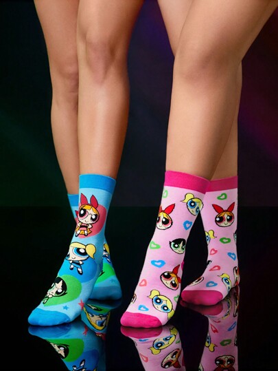 THE POWERPUFF GIRLS X SHEIN 2 pares de calcetines hasta el tobillo suaves y absorbentes con diseño de corazón y dibujos adorables para mujer, para uso diario