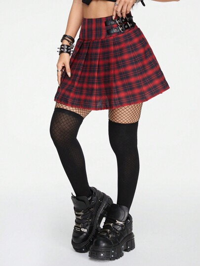 Grunge Punk Falda escolar a cuadros rojos y negros con pliegues y hebilla