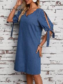 SHEIN LUNE Women's Denim Dress With Curved V-Neckline - Blue - View 4