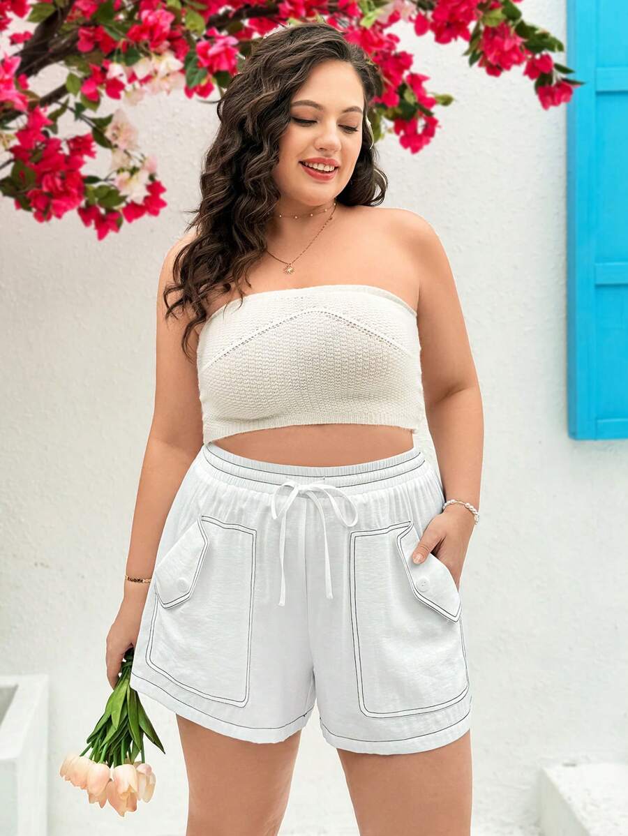 Dreamara Pantalones Cortos De Talla Grande Para Mujer Con Bloque De Color Y Grandes Bolsillos Con Costura - Blanco - Ver 1