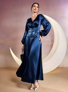 Modelyn 女士阿拉伯风格 V 领长袖水钻装饰连衣裙，优雅晚会礼服长款晚礼服 - 藍色 - 查看 7