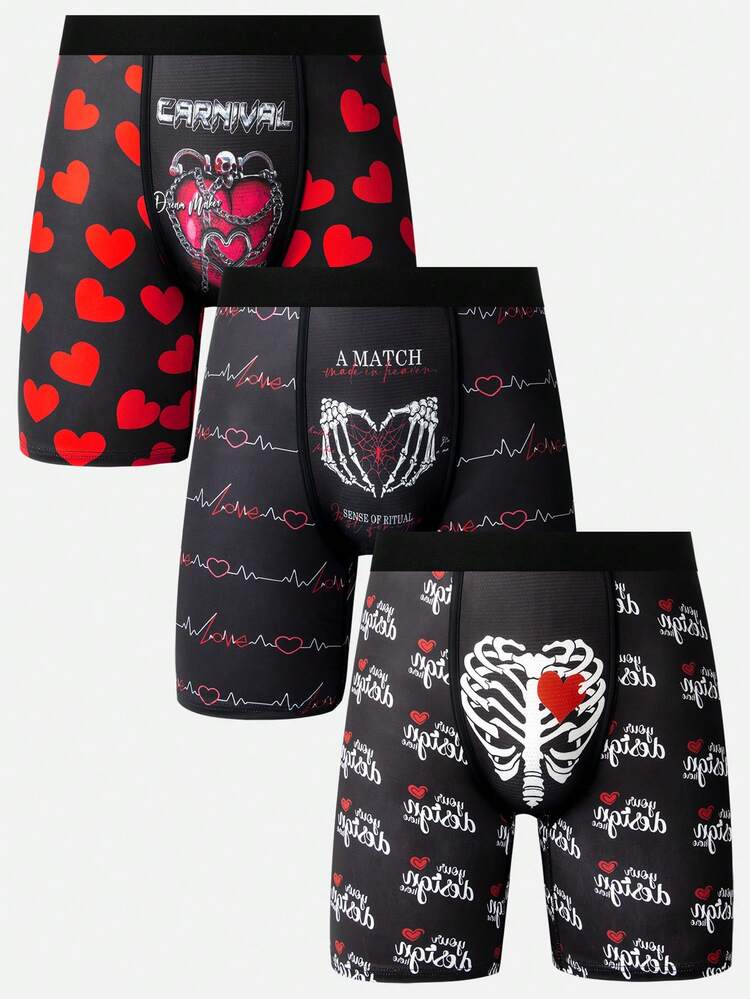 Men's Heart & Letter Print Boxer Briefs (3pcs)