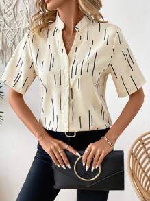 SHEIN LUNE Ladies' Striped Print Short Sleeve Shirt - Apricot - View 4