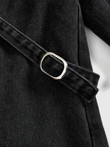 ROMWE Grunge Punk Women's Cargo Pocketed Belted Cat Claw Washed Denim Wide Leg Pants - Black - View 10