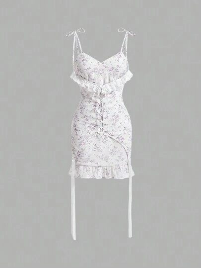 SHEIN MOD 女士花卉印花蕾絲拼接細肩帶裙