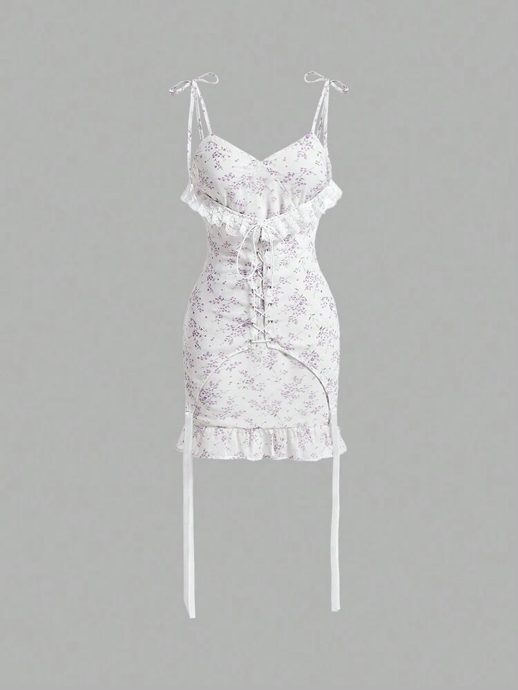 Spring Outfits Women's Floral Printed Lace Patchwork Spaghetti Strap Dress,Short Summer Dress