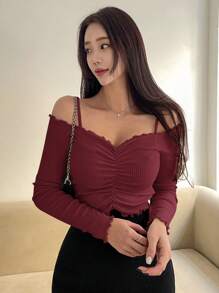 DAZY 1 Áo thun nữ hở vai tay dài xếp ly màu trơn mùa thu - Màu Đỏ Sâu - Xem 2