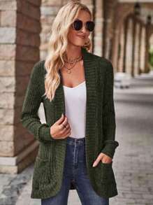 SHEIN LUNE Women's Open Front Pocket Coat - Army Green - View 6