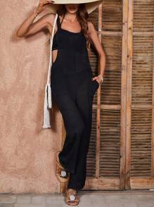 Swim Vcay Summer Beach Ladies' Plain Sleeveless Cover Up Overalls - Black - View 3