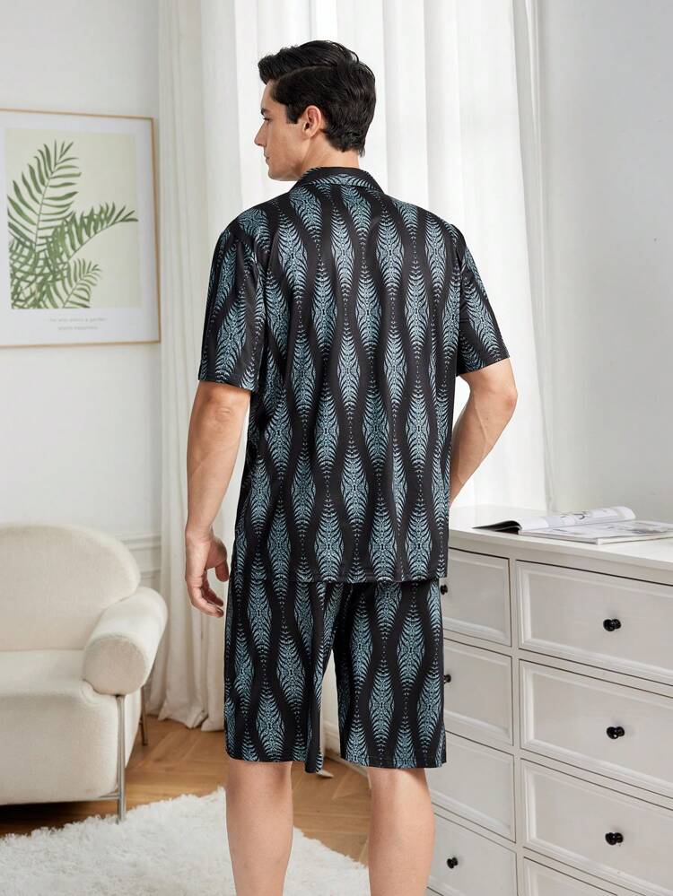 Short Sleeve Color Blocked Top And Shorts Homewear Set With Printed Pattern