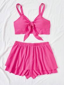 Dreamara Conjunto De Top De Tanque Halter Recortado Con Lazo Y Skort De Cintura Alta De Talla Grande - Rosa Fucsia - Ver 3