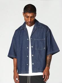 SUMWON Boxy Fit Striped Denim Shirt - Blue - View 1