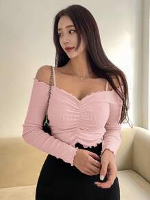 DAZY 女士紧身露肩T恤，荷叶边下摆，露肩长袖女式上衣，秋季女装可爱上衣 - 粉色 - 查看 2