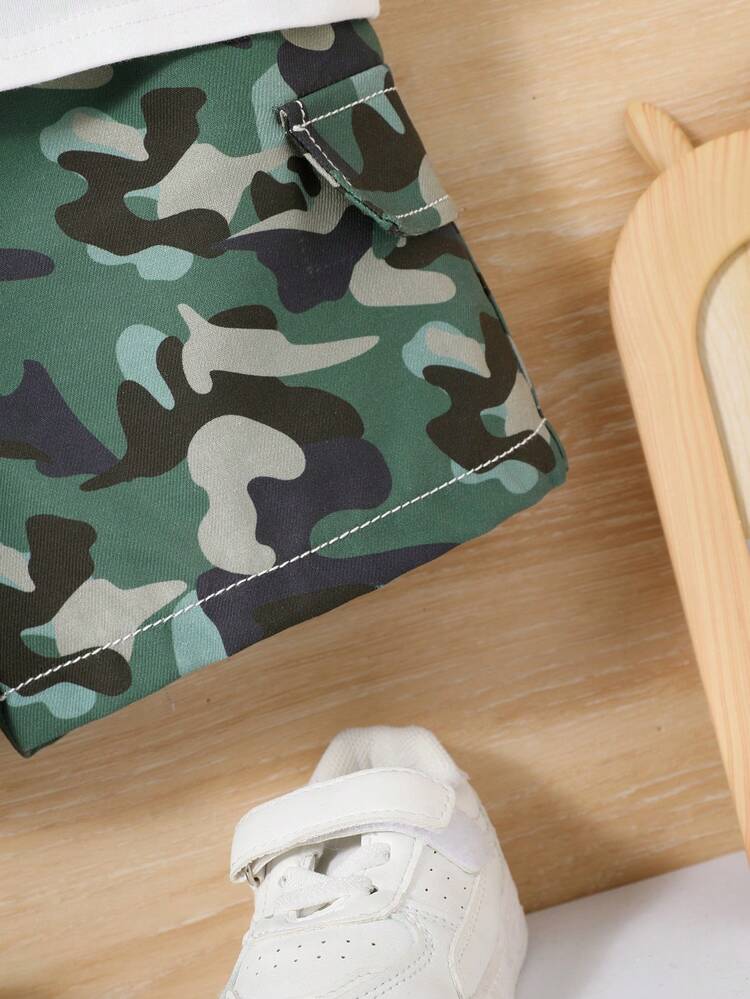 Baby Boy's Casual Outdoor Solid Color Vest, Short Sleeve T-Shirt, Camouflage Shorts Set