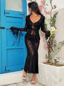 Soleia Einfarbiges Set Aus Oberteil Mit Rüschenbesatz Und Bindekragen Und Langem Rock Mit Hoher Taille