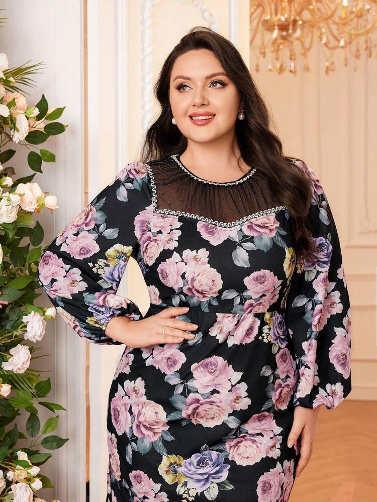 Plus Size V-Neck Lantern Sleeve Printed Mesh Splicing Long Dress Long Evening Dresses