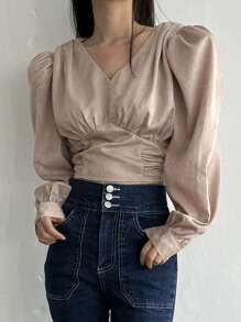 DAZY Women's Cropped Shirt With Ruched Puff Sleeves,Fall Clothes Long Sleeve Top - Apricot - View 3