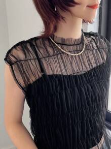 FRIFUL 女式泡泡袖透明网眼上衣夏季短款上衣女式外出上衣 - 黑色 - 查看 7