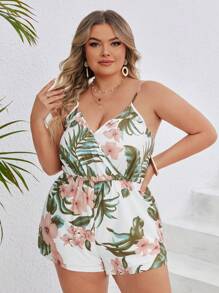 SHEIN VCAY 大尺碼假日葉片花卉吊帶連身短褲 - 彩色 - 查看 2