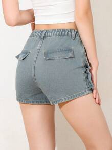 Teen Girl's Denim Shorts With Large Cargo Pockets - Medium Wash - View 3