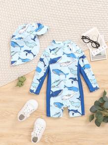 SHEIN 寶寶男童休閒卡通鯊魚圖案彩色長袖連體泳衣套裝附帽子 - 彩色 - 查看 2