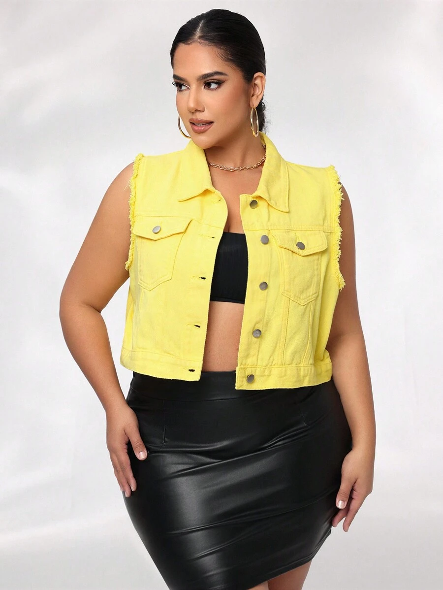 SHEIN SXY 大尺碼女單排扣無袖牛仔夾克 - 黃色 - 查看 1