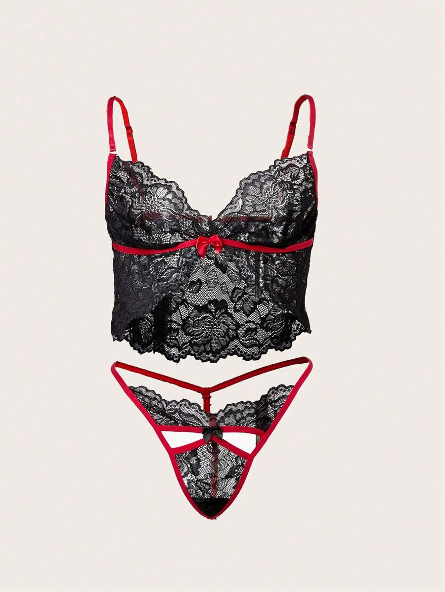 女士性感黑色花邊內衣套裝（情人節限定版） - 黑色 - 查看 1