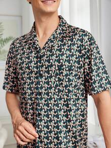 Men's Printed Front Button Shirt And Shorts Pajama Set - Black - View 5