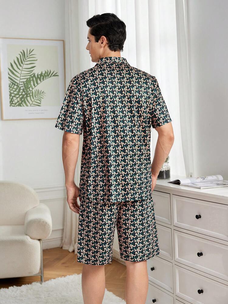 Men's Printed Front Button Shirt And Shorts Pajama Set