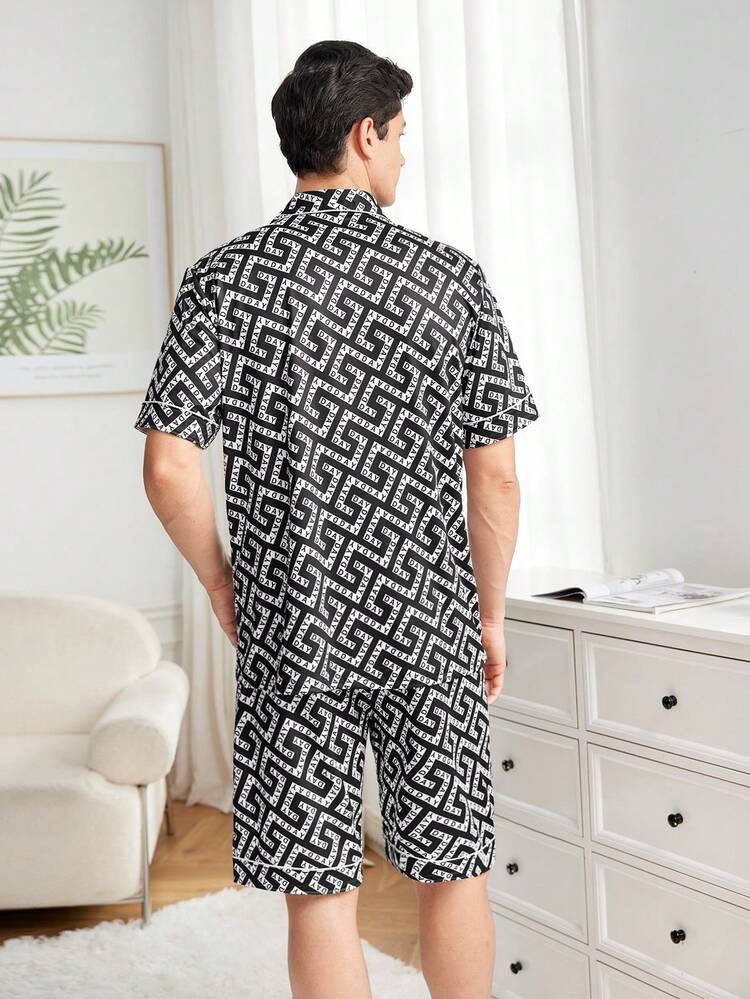 Men's Printed Casual Short Sleeve Pajama Set With Loose Shorts, Home Wear