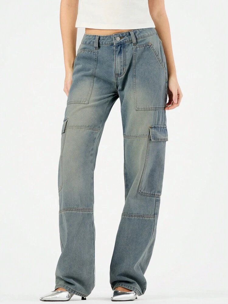 Ladies' Cargo Inspired Heavy-Duty Wide Leg Jeans With Distressed Finish & Multiple Utility Pockets