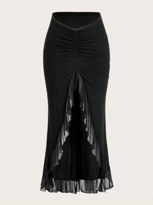 SHEIN ICON Falda Negra Larga Y2k De Cintura Baja Con Dobladillo Asimétrico Con Volantes Y Abertura - Negro - Ver 3