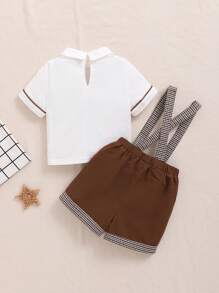 SHEIN Baby Boy's Casual Knitted Short Sleeve Polo Shirt With Color Block Necktie And Plaid Suspenders Shorts Outfit - Multicolor - View 2