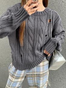 DAZY 女士纯色扭纹针织毛衣，秋装 - 深灰色 - 查看 4