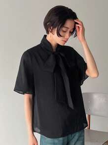 FRIFUL Women's Tie Front Short Sleeve Shirt Work Women Clothes - Black - View 3