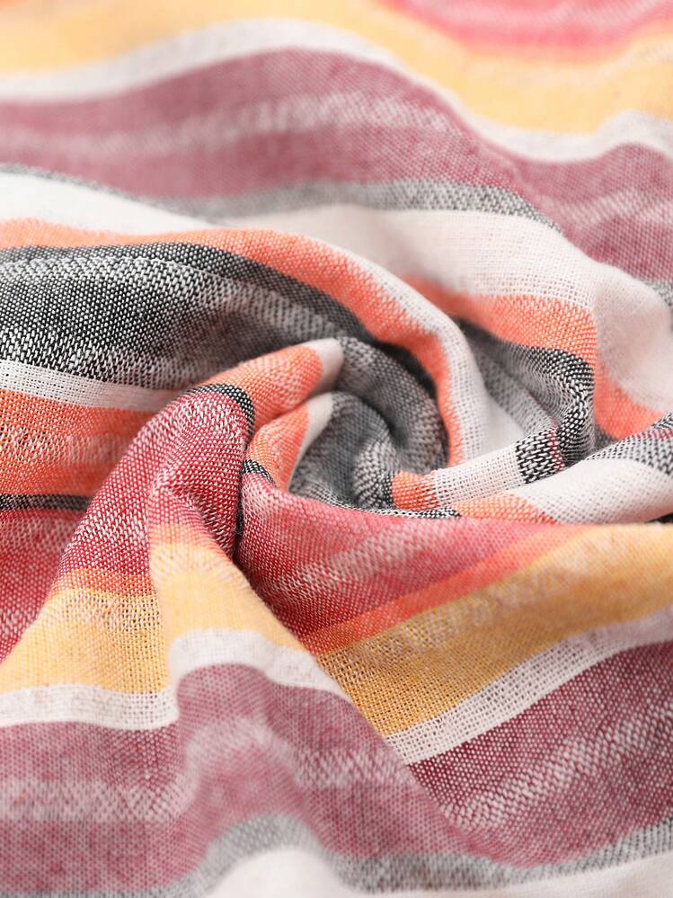 SHEIN LUNE Chemise Décontractée Vintage À Rayures Multicolores, Conception De Col Asymétrique Avec Col En Revers Et Décoration De Boutons Pour Femmes - Multicolore - Voir 6