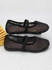 Tela De Malla Transpirable Negra, Con Patrón De Diamantes De Imitación Y Correa Elástica Aleatoria, Punta Redonda, Zapatos Planos Cómodos, Versátiles E Informales Para Niñas