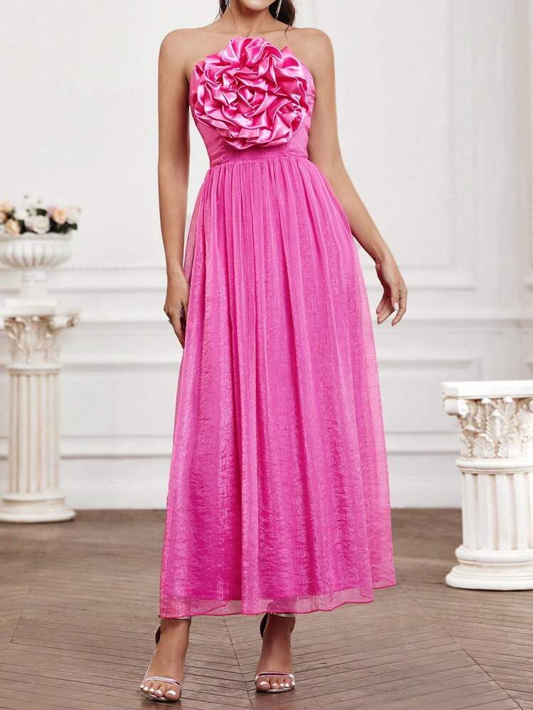 Spring/Summer Solid Color Lace Trim Pleated Strapless Dress For Women