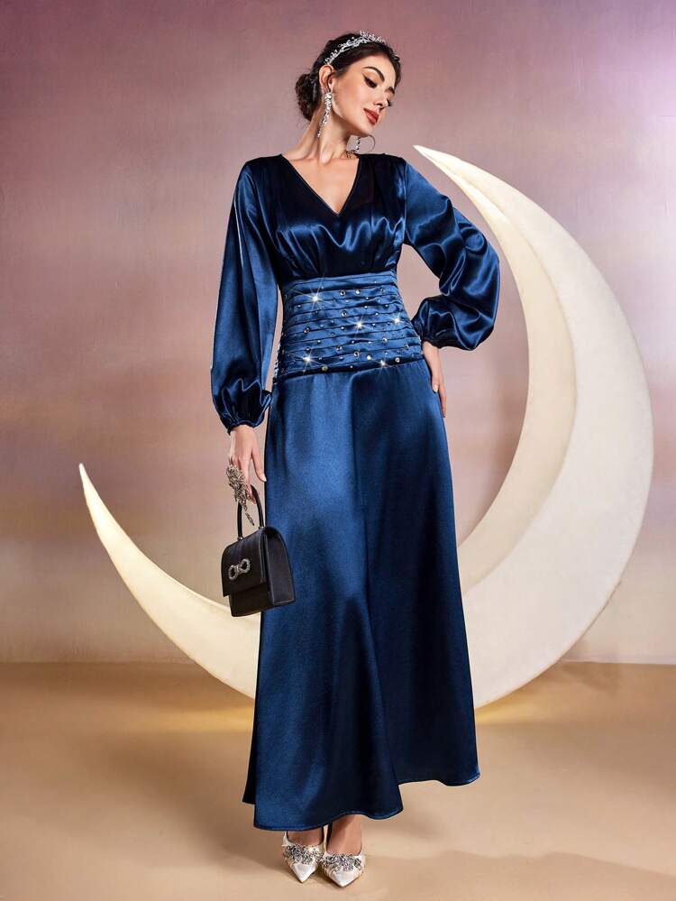 Women's Arab Style V-Neck Long Sleeve Rhinestone Decor Dress,Elegant Evening Party Dress Long Evening Dresses