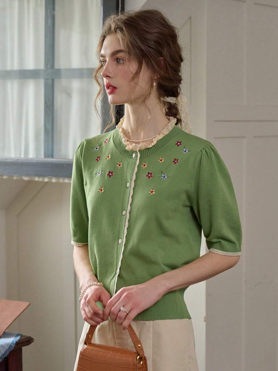 Simple Retro 女士刺繡蕾絲邊開衫 - 綠色 - 查看 1