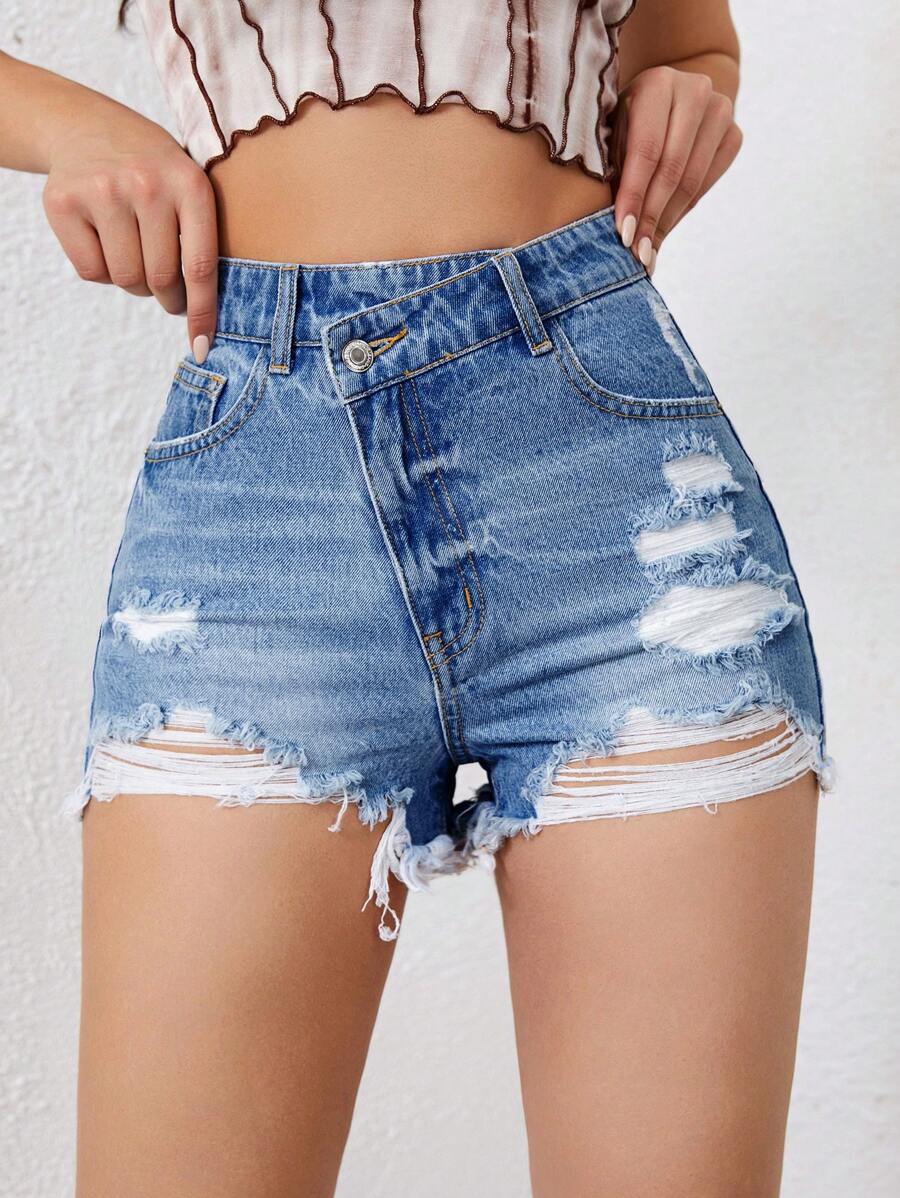 SHEIN EZwear High Waist Ripped Raw Trim Denim Shorts