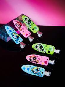 THE POWERPUFF GIRLS X SHEIN 6pcs/Pack Cartoon Pattern Crease-Free Hair Clips, These Hair Clips Leave No Marks,Suitable For Daily Use, Face Washing, Makeup, And Outdoor Matching