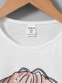 SHEIN LMoss Kids Tween Girls' Round Neck Drop Shoulder Lace & Wave Hem Character Print T-Shirt