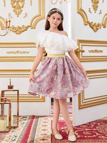 少女休閒彈性高腰蕾絲織物裙 - 紫色 - 查看 3